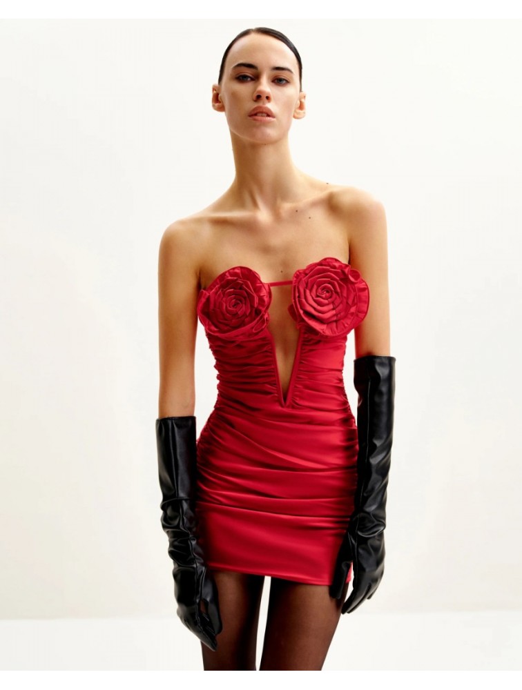 JW PEI Bailee Red Floral Applique And Ruched Tube Mini Dress - Red Κόκκινο Μίνι Φόρεμα με Ανάγλυφα Λουλούδια