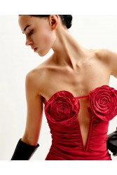 JW PEI Bailee Red Floral Applique And Ruched Tube Mini Dress - Red Κόκκινο Μίνι Φόρεμα με Ανάγλυφα Λουλούδια