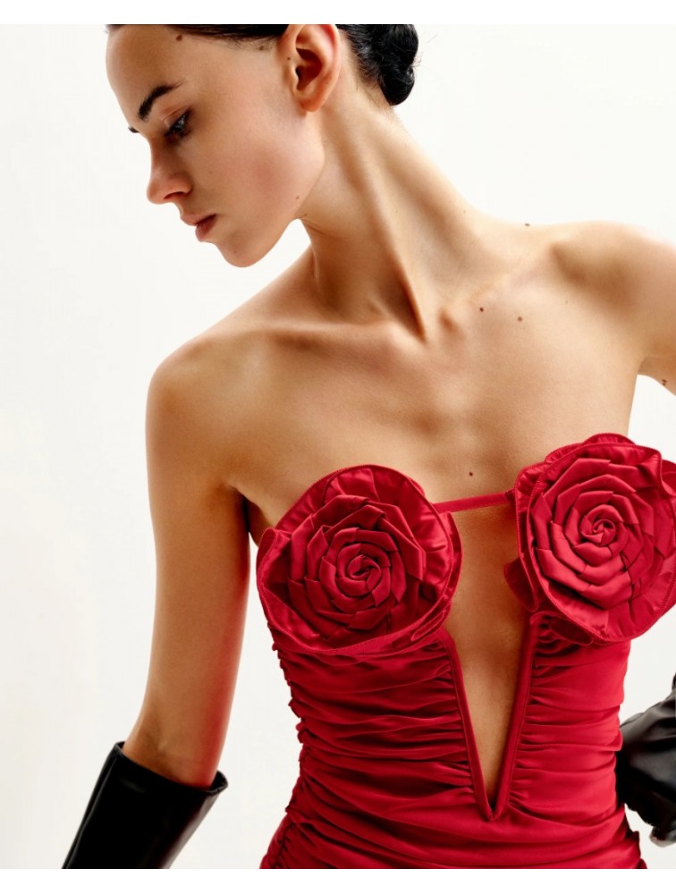 JW PEI Bailee Red Floral Applique And Ruched Tube Mini Dress - Red Κόκκινο Μίνι Φόρεμα με Ανάγλυφα Λουλούδια