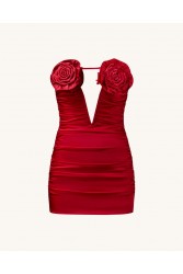 JW PEI Bailee Red Floral Applique And Ruched Tube Mini Dress - Red Κόκκινο Μίνι Φόρεμα με Ανάγλυφα Λουλούδια