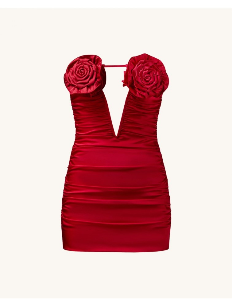 JW PEI Bailee Red Floral Applique And Ruched Tube Mini Dress - Red Κόκκινο Μίνι Φόρεμα με Ανάγλυφα Λουλούδια