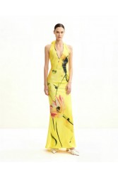 JW PEI Floral Satin Halter Dress - Yellow/Pink Κίτρινο Φλοράλ Μάξι Φόρεμα