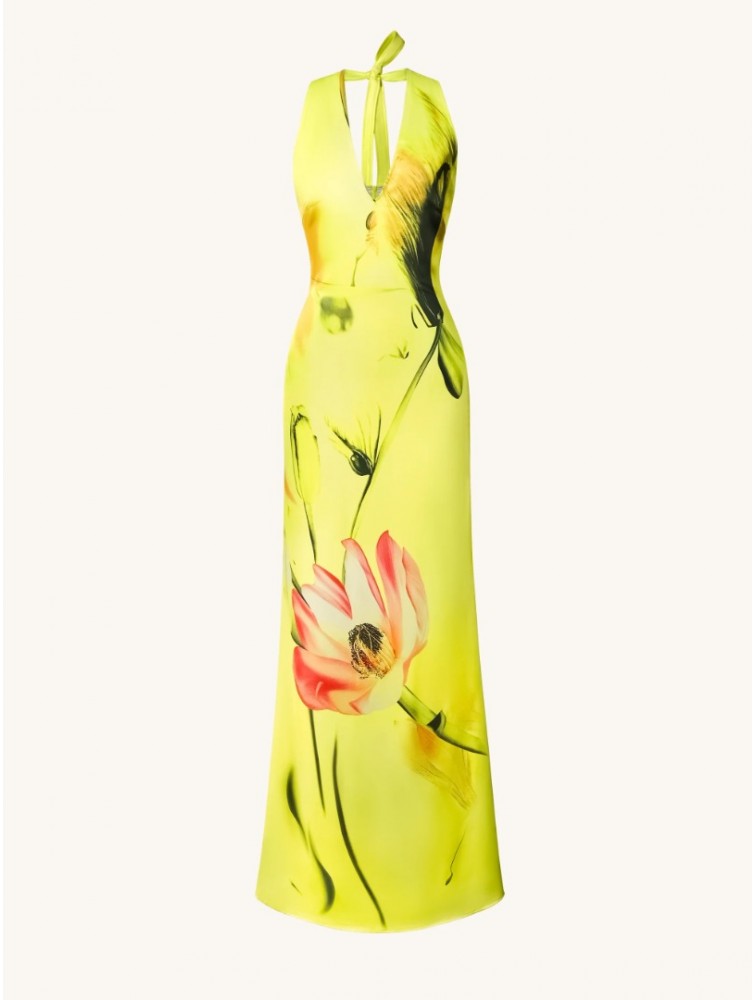 JW PEI Floral Satin Halter Dress - Yellow/Pink Κίτρινο Φλοράλ Μάξι Φόρεμα