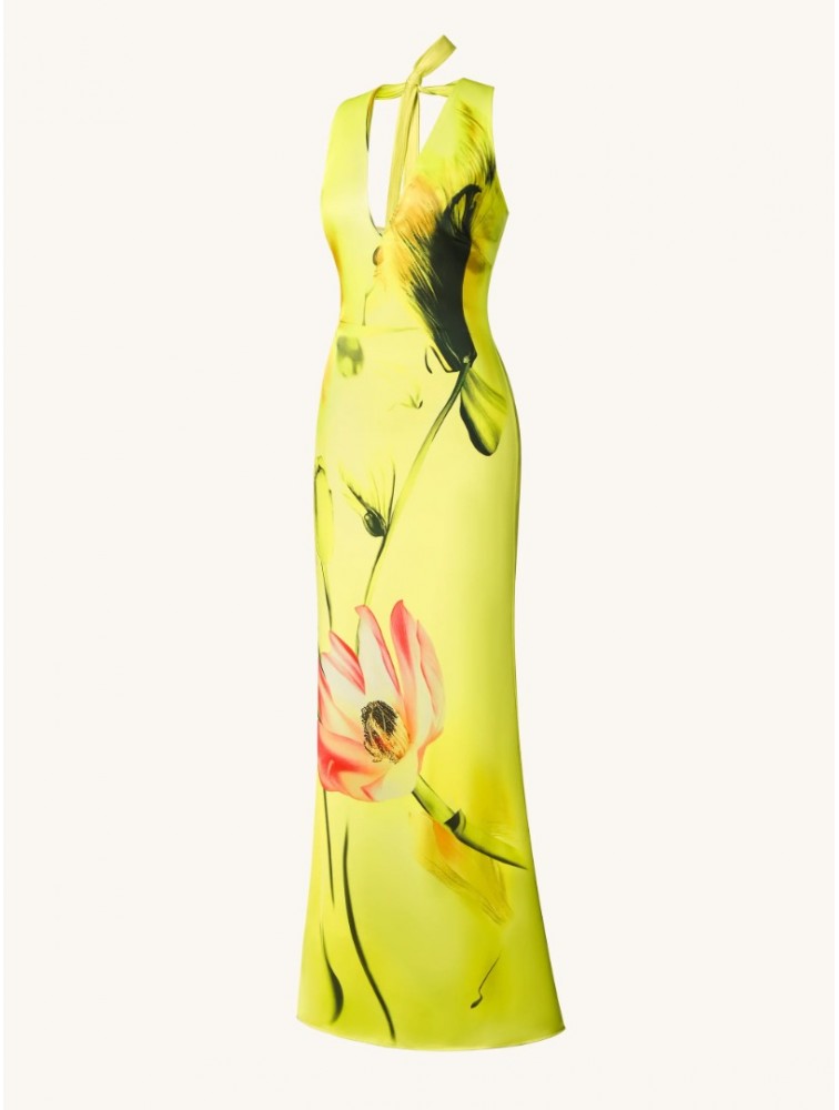 JW PEI Floral Satin Halter Dress - Yellow/Pink Κίτρινο Φλοράλ Μάξι Φόρεμα