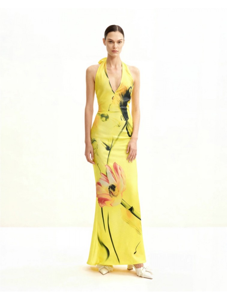 JW PEI Floral Satin Halter Dress - Yellow/Pink Κίτρινο Φλοράλ Μάξι Φόρεμα
