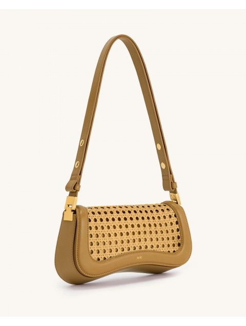 JW PEI Joy Faux Bamboo Woven Shoulder Bag - Brown Καφέ Ρατάν Τσάντα Ώμου