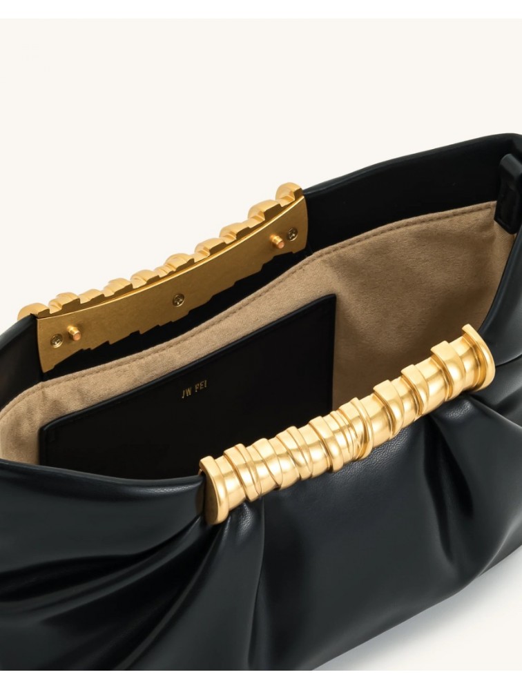 JW PEI Leia Pleated Clutch - Black Μαύρη Τσάντα Χειρός με Μεταλλικό Χερούλι