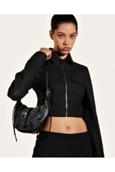 JW PEI Tessa Crushed Shoulder Bag - Black Μαύρη Τσάντα 'Ωμου με Μεταλλικά Στοιχεία