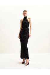JW PEI Uliana Black Floral Lace Halterneck Maxi Dress - Black Μάξι Μαύρο Ανάγλυφο Φόρεμα