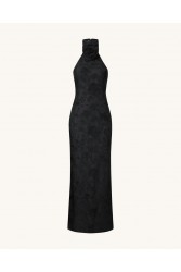 JW PEI Uliana Black Floral Lace Halterneck Maxi Dress - Black Μάξι Μαύρο Ανάγλυφο Φόρεμα
