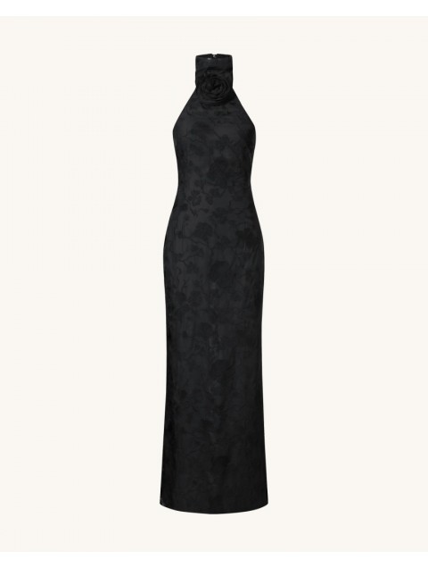 JW PEI Uliana Black Floral Lace Halterneck Maxi Dress - Black Μάξι Μαύρο Ανάγλυφο Φόρεμα