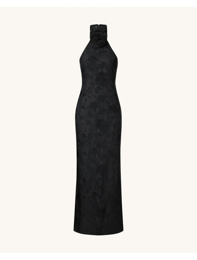 JW PEI Uliana Black Floral Lace Halterneck Maxi Dress - Black Μάξι Μαύρο Ανάγλυφο Φόρεμα