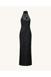 JW PEI Uliana Black Floral Lace Halterneck Maxi Dress - Black Μάξι Μαύρο Ανάγλυφο Φόρεμα
