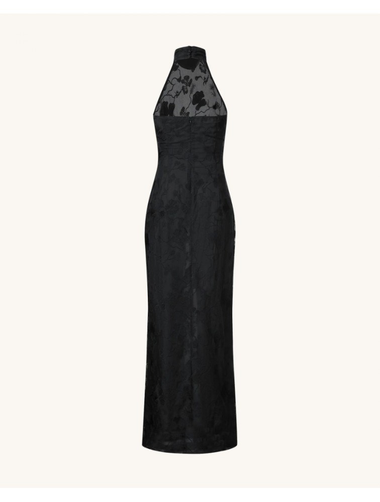 JW PEI Uliana Black Floral Lace Halterneck Maxi Dress - Black Μάξι Μαύρο Ανάγλυφο Φόρεμα
