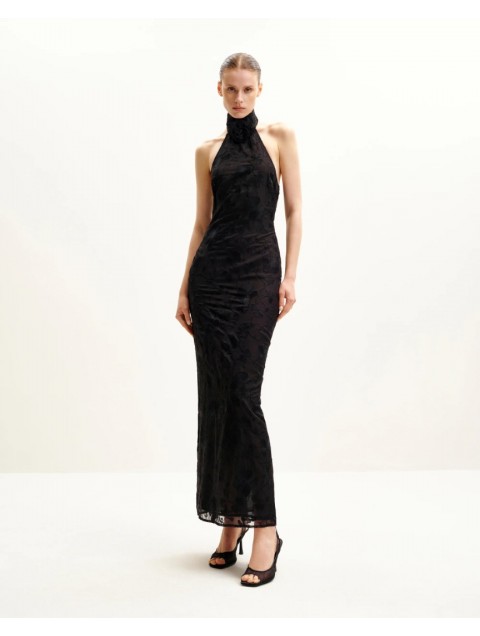 JW PEI Uliana Black Floral Lace Halterneck Maxi Dress - Black Μάξι Μαύρο Ανάγλυφο Φόρεμα