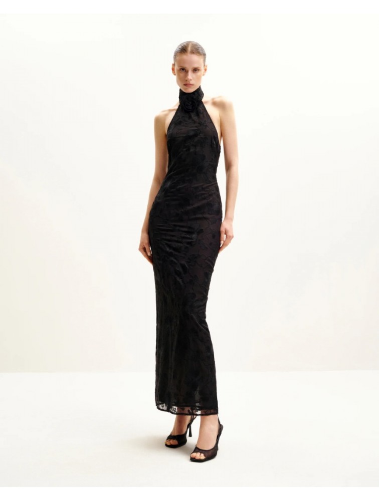 JW PEI Uliana Black Floral Lace Halterneck Maxi Dress - Black Μάξι Μαύρο Ανάγλυφο Φόρεμα