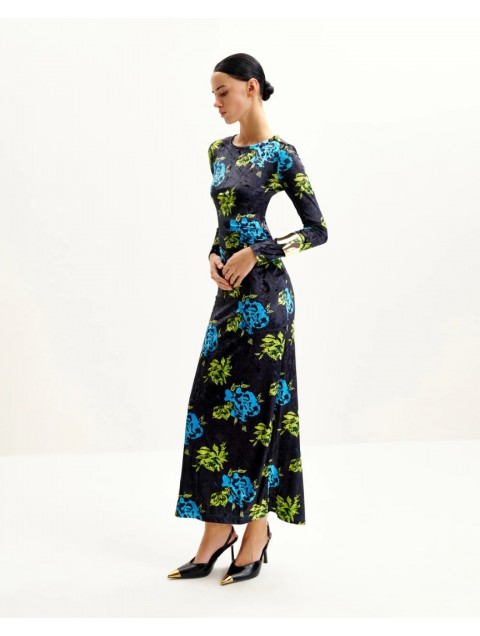 JW PEI Zoe Vibrant Floral Long Sleeve Gown - Multicolor Φλοράλ Βελούδινο Μάξι Φόρεμα