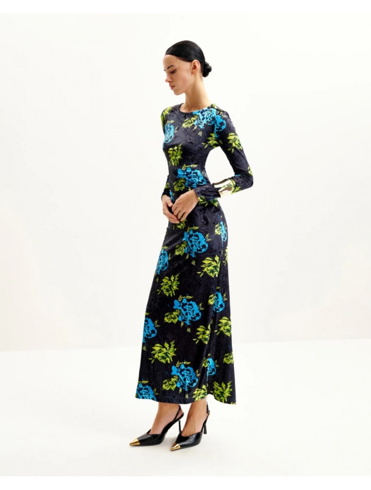 JW PEI Zoe Vibrant Floral Long Sleeve Gown - Multicolor Φλοράλ Βελούδινο Μάξι Φόρεμα