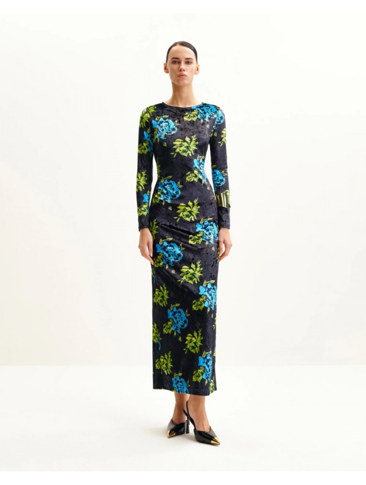 JW PEI Zoe Vibrant Floral Long Sleeve Gown - Multicolor Φλοράλ Βελούδινο Μάξι Φόρεμα