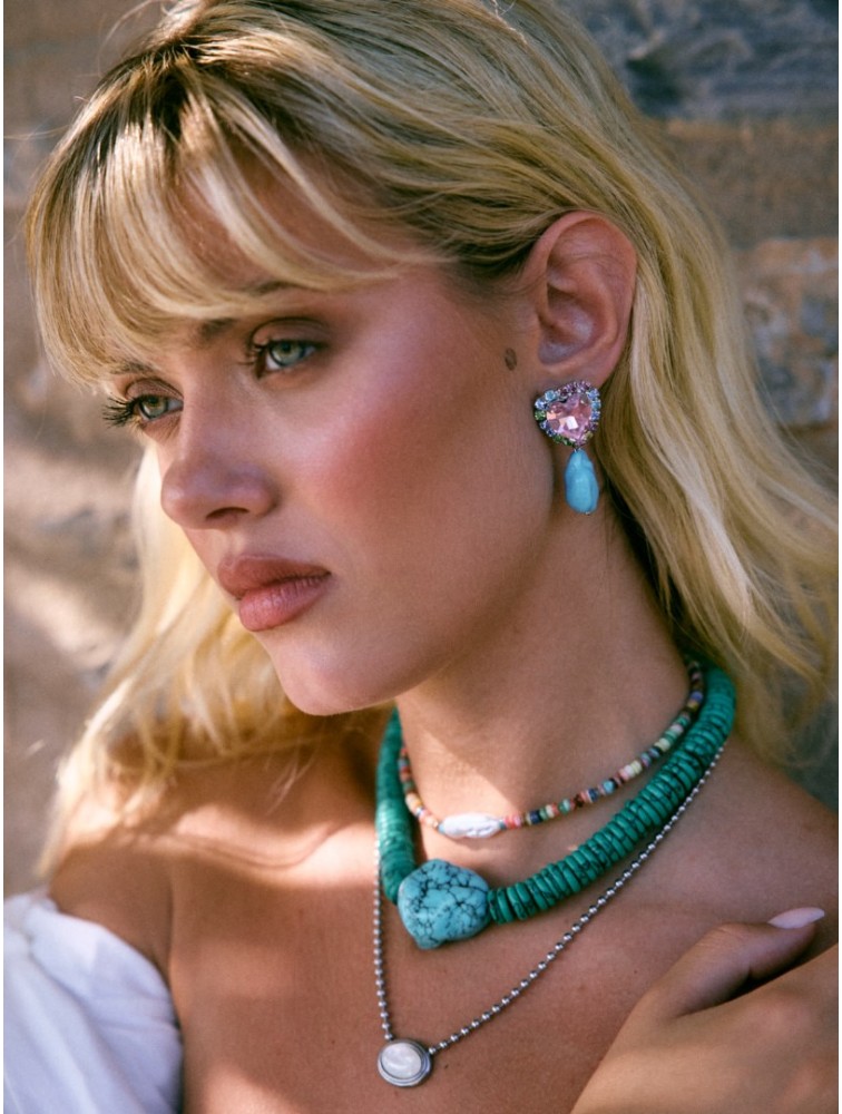 KALEIDO KYMA Earrings Ροζ Γαλάζια Σκουλαρίκια Σε Σχήμα Καρδιάς Επιπλατινωμένα Με Κρύσταλλα