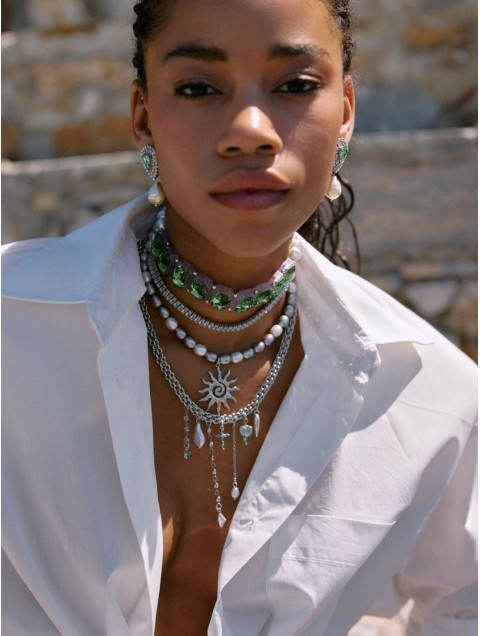 KALEIDO Absenta Choker Κολιέ με Πέρλες και Πράσινα Κρύσταλλα