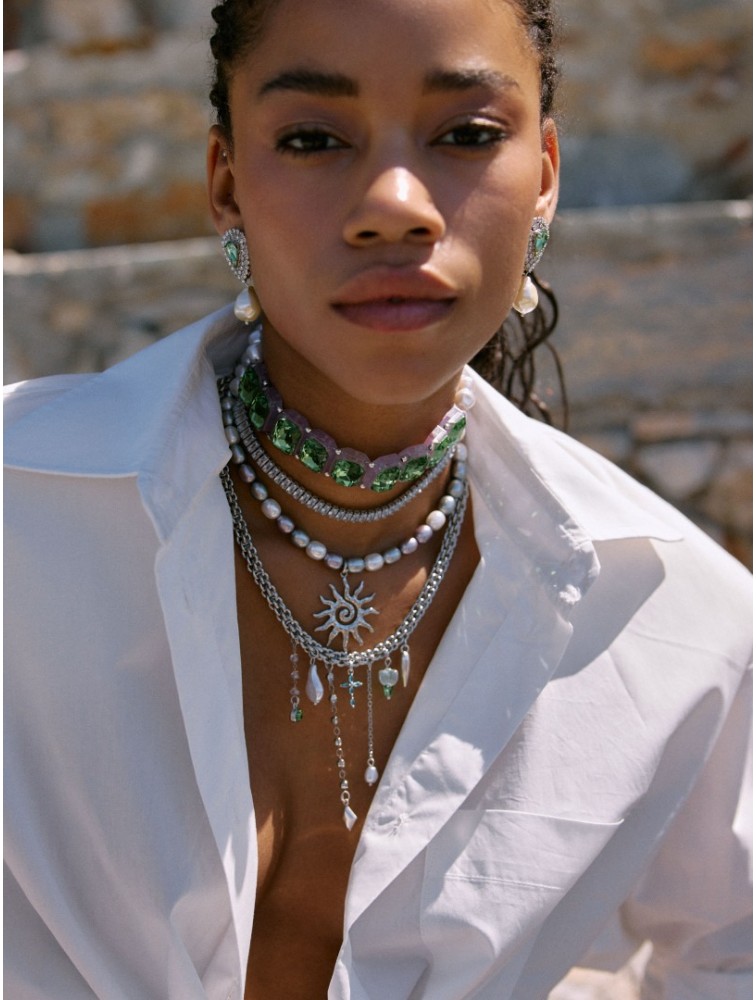 KALEIDO Absenta Choker Κολιέ με Πέρλες και Πράσινα Κρύσταλλα