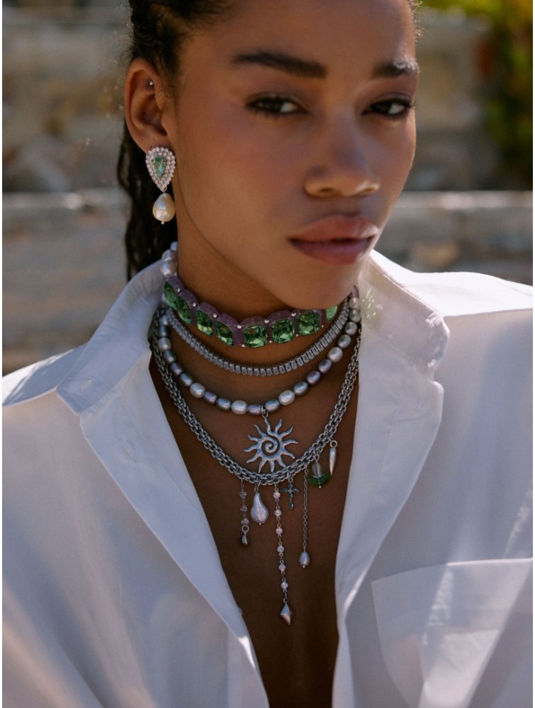 KALEIDO Absenta Choker Κολιέ με Πέρλες και Πράσινα Κρύσταλλα
