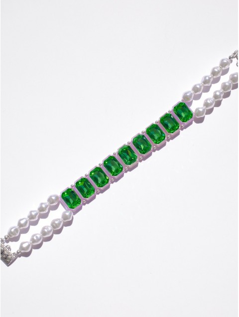 KALEIDO Absenta Choker Κολιέ με Πέρλες και Πράσινα Κρύσταλλα