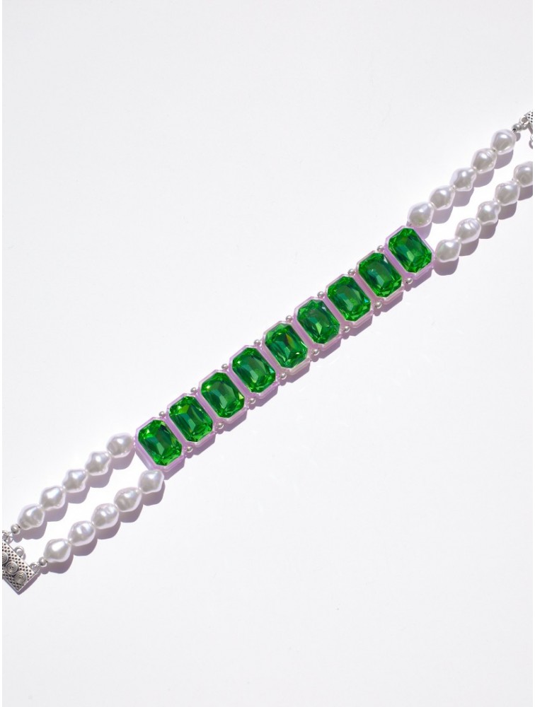KALEIDO Absenta Choker Κολιέ με Πέρλες και Πράσινα Κρύσταλλα