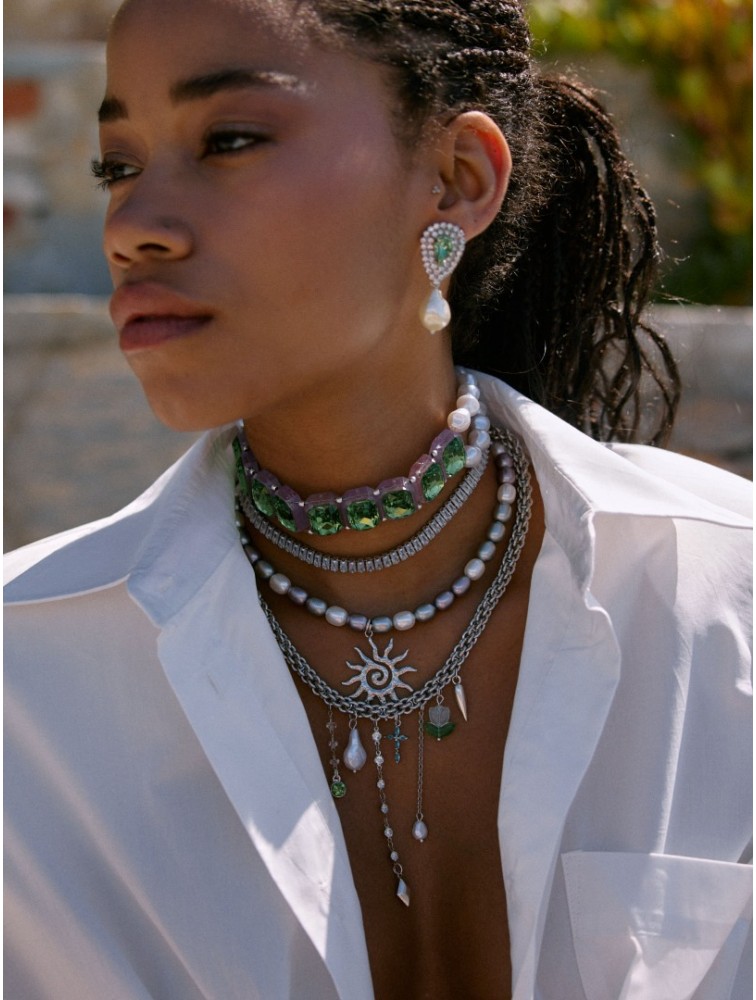 KALEIDO Bambola Earrings Silver Green Επάργυρα Σκουλαρίκια από Ορείχαλκο