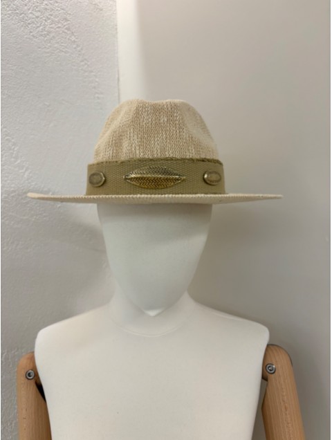 LA VITA HANDBAGS Handmade Women's Ecru hat with beige band and gold metal elements