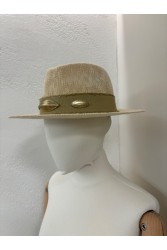 LA VITA HANDBAGS Χειροποίητο Εκρού καπέλο με μπεζ φάσα και χρυσά μεταλλικά στοιχεία