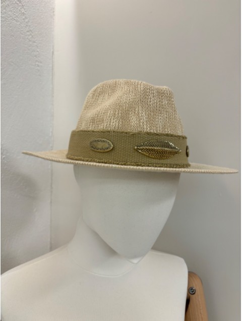 LA VITA HANDBAGS Handmade Women's Ecru hat with beige band and gold metal elements