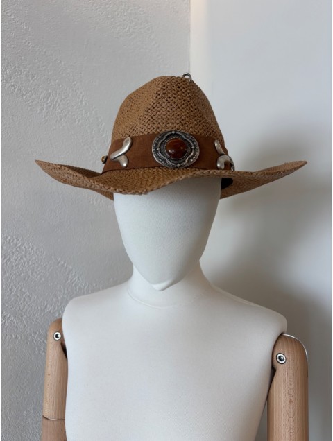 LA VITA HANDBAGS Handmade Women's Beige Straw Hat With Silver Buckles