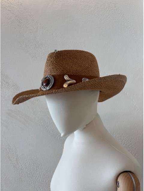 LA VITA HANDBAGS Handmade Women's Beige Straw Hat With Silver Buckles