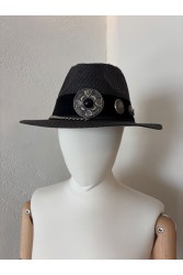 LA VITA HANDBAGS Handmade Women's Black Straw Hat With Silver Buckles