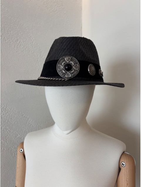 LA VITA HANDBAGS Handmade Women's Black Straw Hat With Silver Buckles