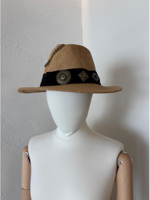 LA VITA HANDBAGS Handmade Straw Women's Hat With Black Brim And Gold Buckles