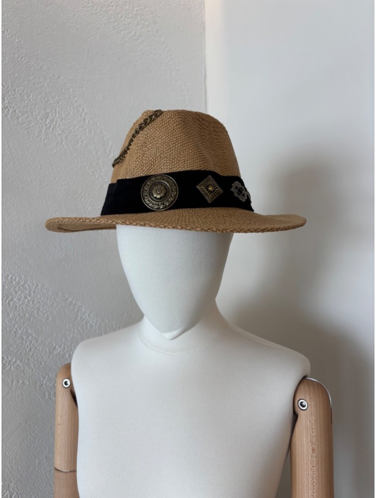 LA VITA HANDBAGS Handmade Straw Women's Hat With Black Brim And Gold Buckles
