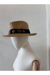 LA VITA HANDBAGS Handmade Straw Women's Hat With Black Brim And Gold Buckles