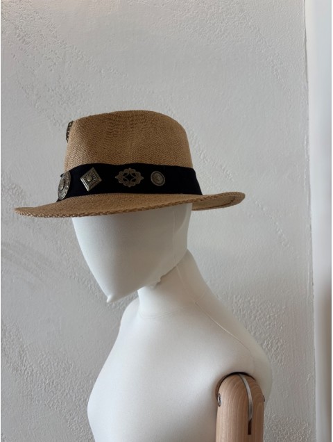 LA VITA HANDBAGS Handmade Straw Women's Hat With Black Brim And Gold Buckles