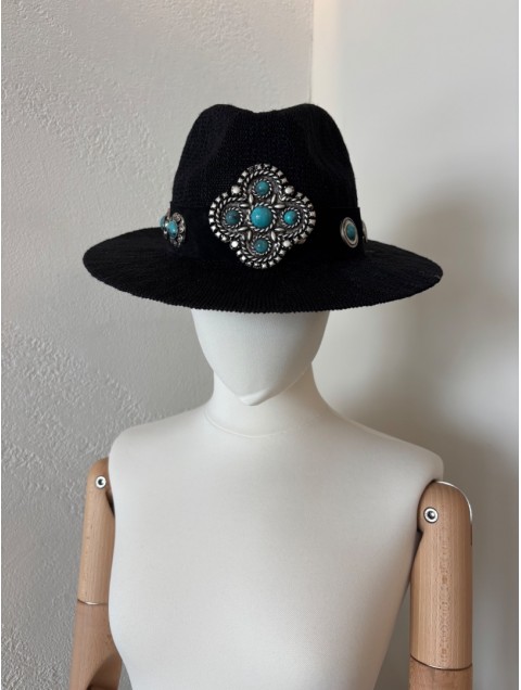 LA VITA HANDBAGS Handmade Women's Black Straw Hat With Silver Buckles