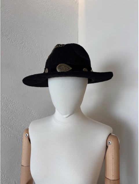 LA VITA HANDBAGS Handmade Women's Black Straw Hat With Gold Buckles