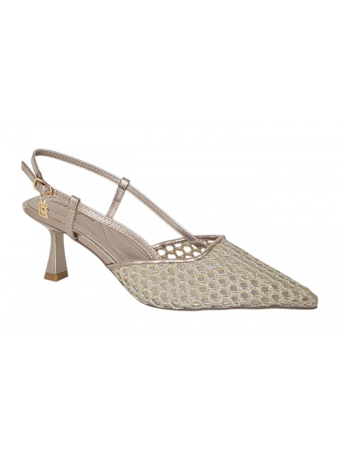 LAURA BIAGIOTTI Beige Metallic Slingback Heels with Mesh