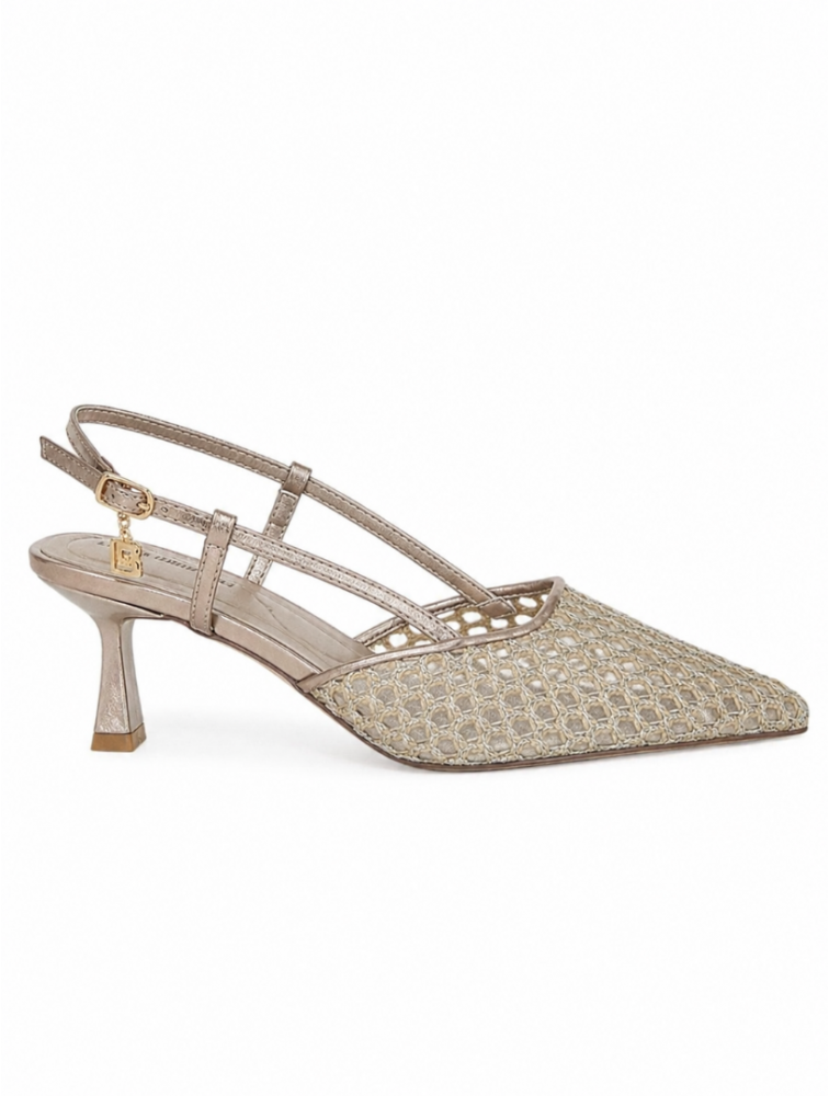 LAURA BIAGIOTTI Beige Metallic Slingback Heels with Mesh