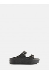 LEMON JELLY Giulietta Black Vegan Black Mettalic Glitter Sandals with Buckles Μαύρα Μεταλλικά Σανδάλια με Γκλίτερ