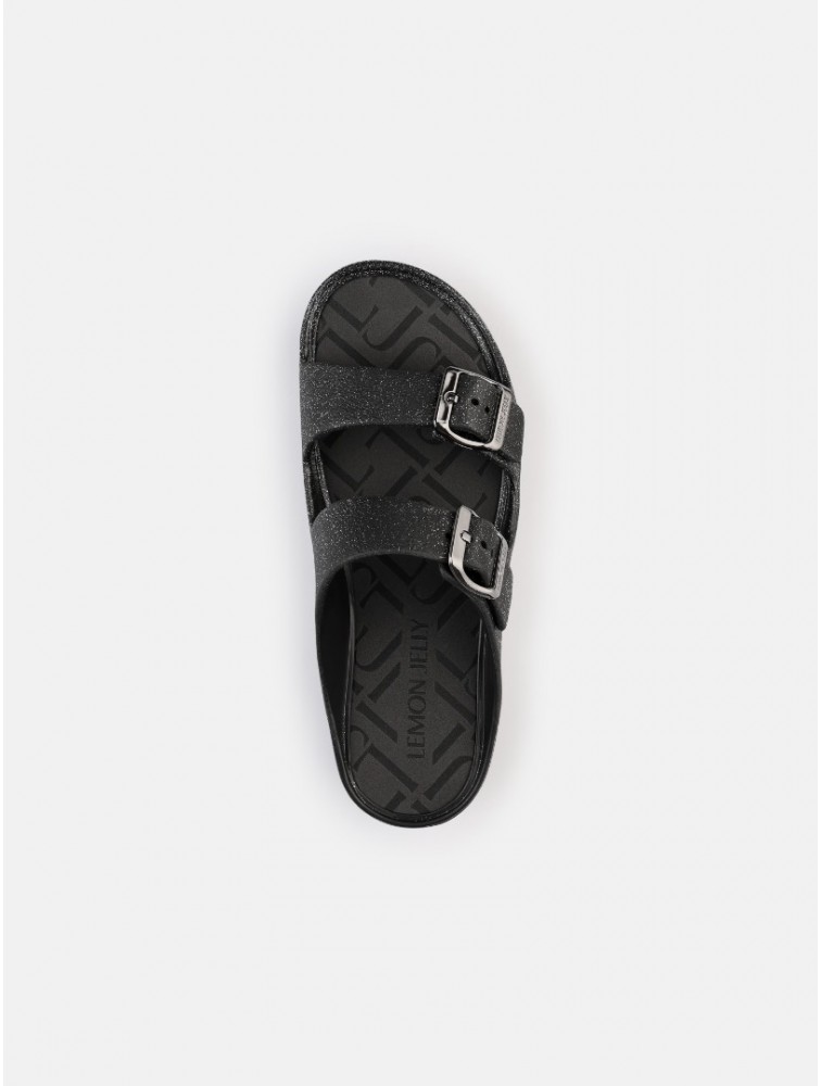 LEMON JELLY Giulietta Black Vegan Black Mettalic Glitter Sandals with Buckles Μαύρα Μεταλλικά Σανδάλια με Γκλίτερ