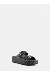 LEMON JELLY Giulietta Black Vegan Black Mettalic Glitter Sandals with Buckles Μαύρα Μεταλλικά Σανδάλια με Γκλίτερ