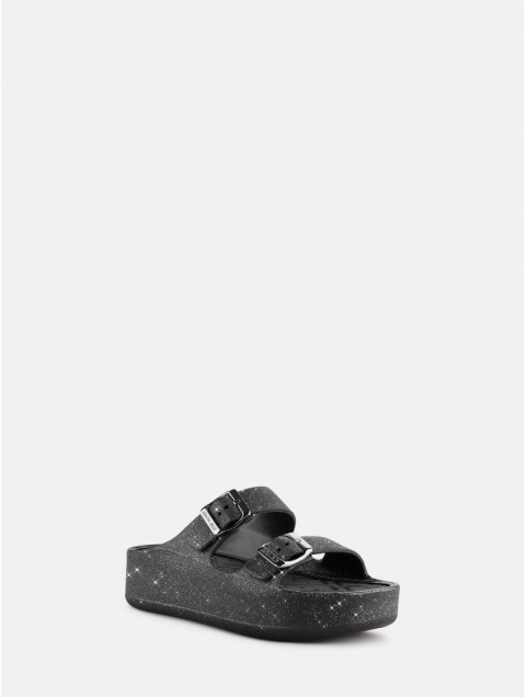 LEMON JELLY Giulietta Black Vegan Black Mettalic Glitter Sandals with Buckles Μαύρα Μεταλλικά Σανδάλια με Γκλίτερ