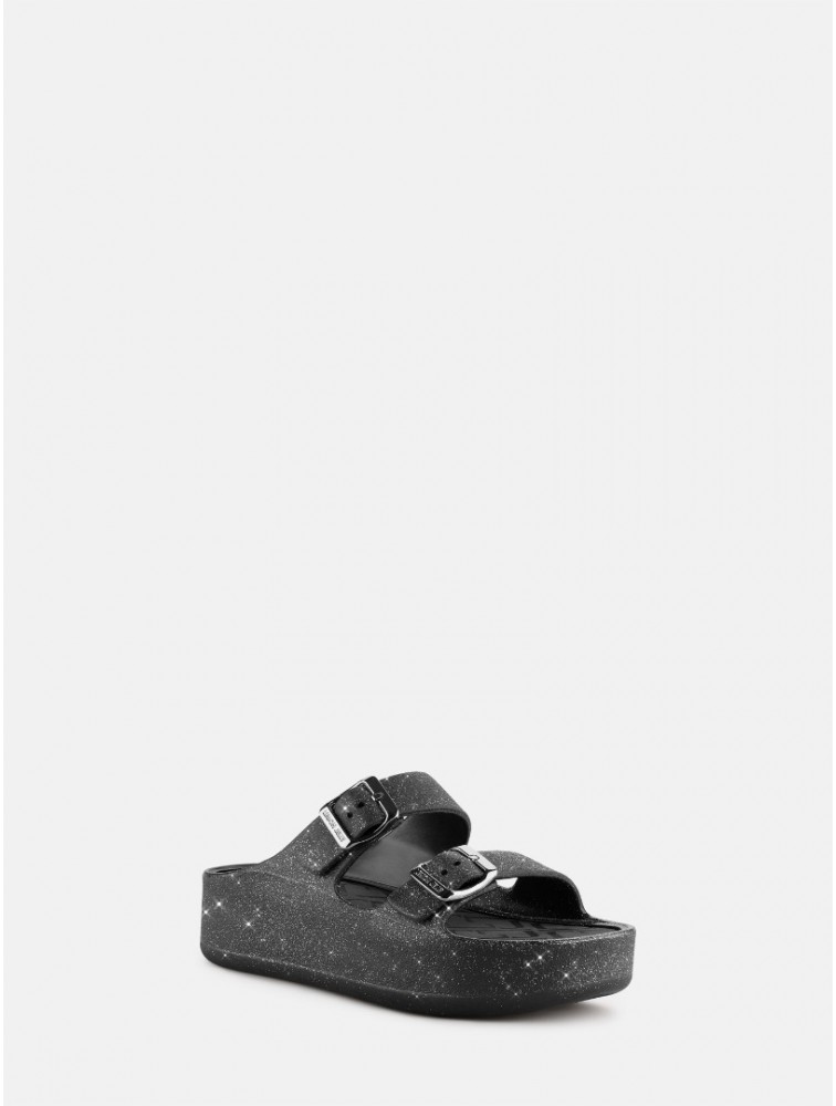 LEMON JELLY Giulietta Black Vegan Black Mettalic Glitter Sandals with Buckles Μαύρα Μεταλλικά Σανδάλια με Γκλίτερ